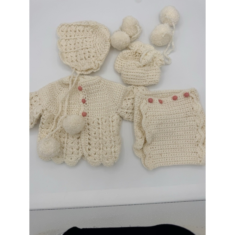 Vintage Hand Crochet Baby Layette Set Sweater Bonnet Booties Diaper Cover